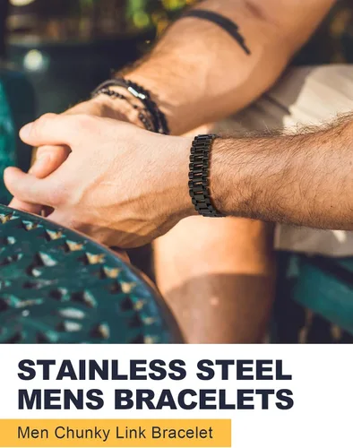 Vista 8 de U7 Link Bracelets for Men, Stainless SteelBlackGold Plated Cuban Link Chain Bracelets, Unisex Chunky Bracelets, Xmas Fathers Day Jewelry for Him