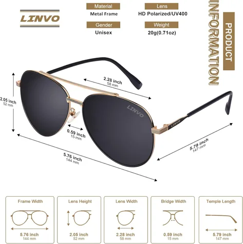 Vista 6 de LINVO Polarized Pilot Sunglasses for Men Women,Driving Sun Glasses Metal Frame UV400 Protection