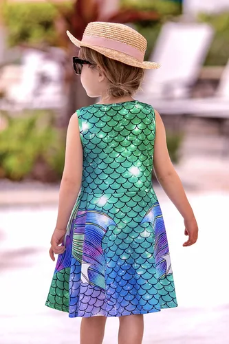 Vista 3 de Funnycokid Girls Mermaid Dress Kids Summer Sleeveless Dresses Birthday Sundress Swing Outfit 4-13 Years