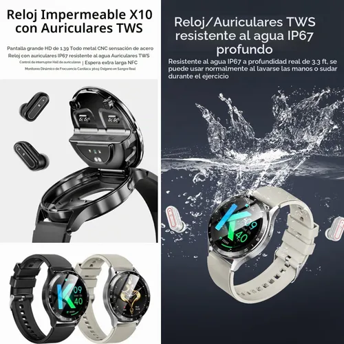 Vista 2 de X10 - Reloj inteligente con auriculares para iPhone, teléfonos inteligentes Android, 1.39 pulgadas, redondo, Bluetooth, llamadas, reloj inteligente