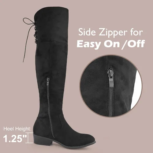 Vista 5 de Hawkwell Botas altas hasta el muslo para mujer, botas de tacón plano bajo negro sobre la rodilla