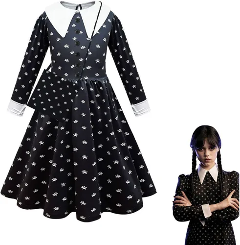 Vista 2 de Hqroidd Vestido gótico negro para niñas, disfraz de Halloween, vestido con estampado negro con bolsa
