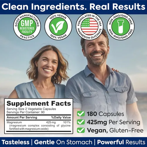 Vista 6 de Glicinato de magnesio premium de 425 mg - 180 cápsulas veganas - Ayuda con el alivio del estrés, el sueño, los calambres musculares y el corazón