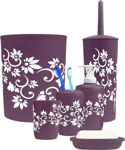 Vista 2 de Blue Donuts Juego de accesorios de baño completo, cepillo y soporte para inodoro, basura, soporte para cepillos de dientes, morado, 6 piezas