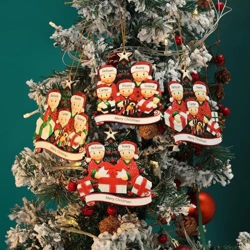 Vista 7 de Adornos de Navidad personalizados, adornos para árbol de Navidad, familia de 2 a 7 nombres, muñeco de nieve, ciervo, decoración de Navidad
