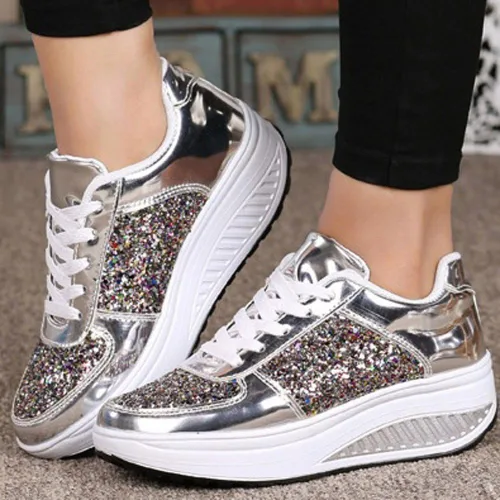 Vista 2 de Hbeylia Zapatos deportivos de moda con plataforma para mujer, de piel con purpurina, estilo casual, parte inferior gruesa, tacones altos, zapatos