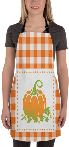 Vista 2 de Moslion Delantal de cocina de calabaza, naranja y blanco, a cuadros, búfalo, Acción de Gracias, otoño, temporada de cosecha, delantal de Halloween