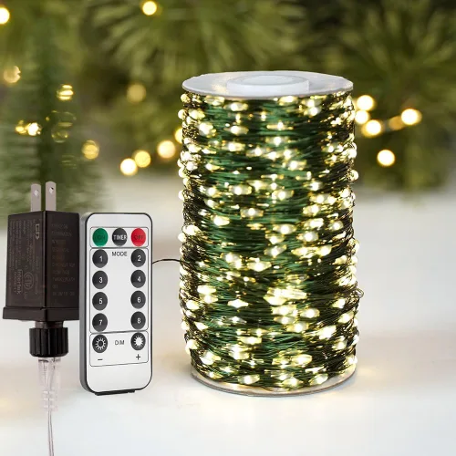 Vista 4 de Cadena de luces de hadas enchufables de 66 pies, luces LED de alambre verde blanco cálido de 200 LED con control remoto, 8 modos para sala de estar