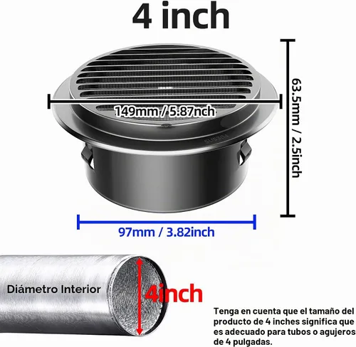 Vista 2 de Cubierta de ventilación de aire de acero inoxidable 304 engrosado de servicio pesado de 4", cubierta de rejilla con persianas, capucha