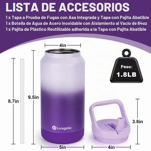 Vista 5 de Botella de agua aislada de 64 onzas, vaso de acero inoxidable al vacío de medio galón con tapa abatible con popote y asa superior, mantiene las Caqui