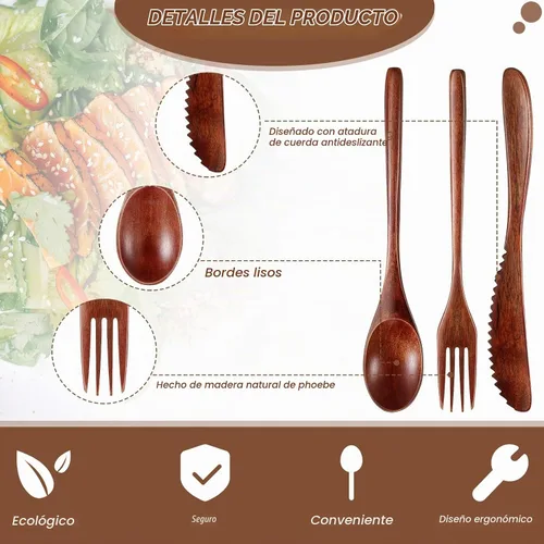 Vista 3 de Geiserailie Juego de 12 utensilios de madera para comer cuchara de madera y tenedor