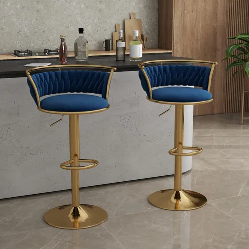 Vista 20 de Juego de 2 taburetes de bar giratorios de 360°, silla de bar de terciopelo ajustable a altura de mostrador moderna, taburete de metal plateado