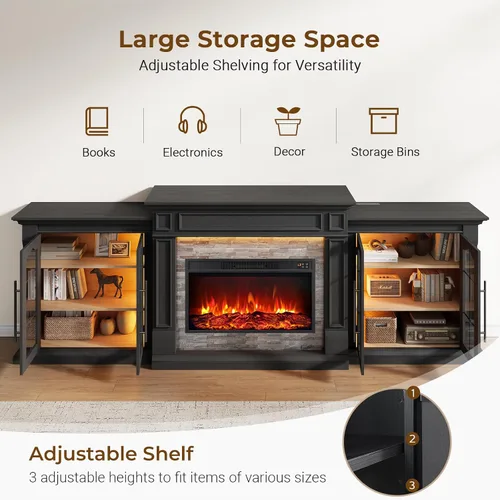 Vista 5 de 8-Color Electric Fireplace TV Stand, 104" Entertainment Center with Heater Negro