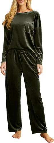 Vista 5 de PrinStory Conjunto de pijama 2024 para mujer, ropa de dormir de terciopelo de 2 piezas, pijamas suaves con bolsillos