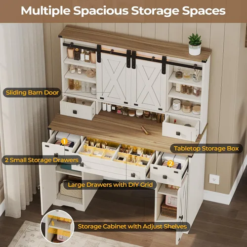 Vista 7 de Hasuit Escritorio de tocador de granja con espejo y luces, tocador de maquillaje blanco con estación de carga, espejo de tocador rústico con puerta