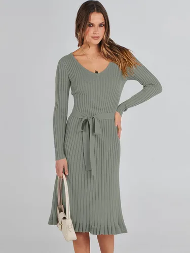 Vista 3 de ANRABESS Vestido tipo suéter de manga larga con cuello en V para mujer, plisado, ajustado, acanalado, de punto, con cinturón