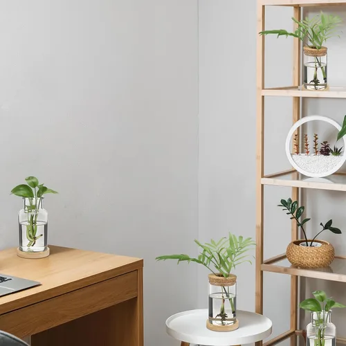 Vista 6 de Layhit 4 piezas de estaciones de propagación de plantas, jarrones de vidrio con tapa de madera y soporte de bambú para plantas hidropónicas, regalos
