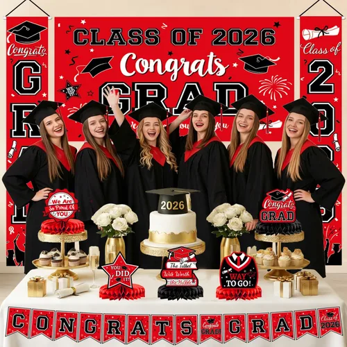 Vista 5 de Decoraciones de graduación 2026, juego de decoraciones de graduación rojo y negro con pancarta y telón de fondo de felicitaciones, letrero