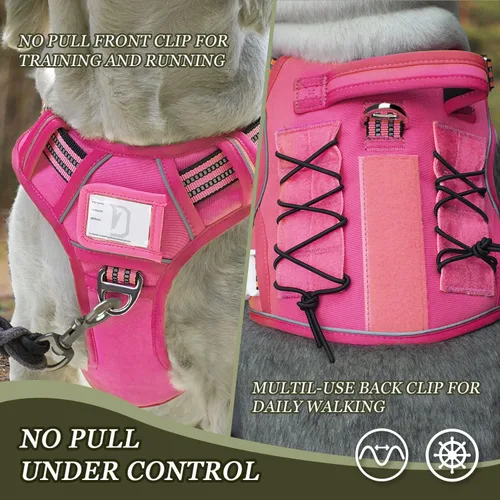 Vista 3 de Arnés táctico para perros medianos y grandes, color rosa, ajustable, sin tirones, con asa, chaleco reflectante resistente, talla S Rosado