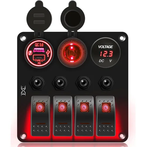 Vista 9 de FXC Panel de interruptor basculante azul de barco marino impermeable de 4 vías con enchufe USB QC3.0 y ranura tipo C + encendedor de cigarrillos +