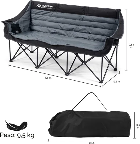 Vista 3 de Huskfirm - Sillas de campamento plegables para 3 personas, para adultos, color negro Silla de camping de gran tamaño acolchada resistente