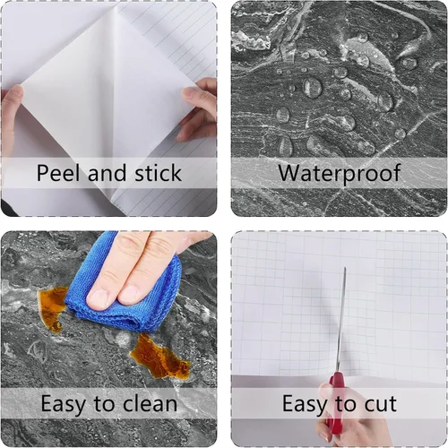 Vista 9 de Papel de contacto de mármol negro plateado para encimeras, papel tapiz despegable y adhesivo, papel de contacto decorativo para gabinetes, papel