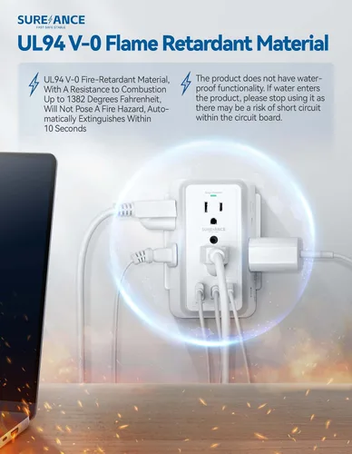 Vista 5 de Toma de pared multienchufe, extensor de 6 salidas con luz nocturna, 3 puertos USB, regleta de alimentación de 3 lados con adaptador espaciado