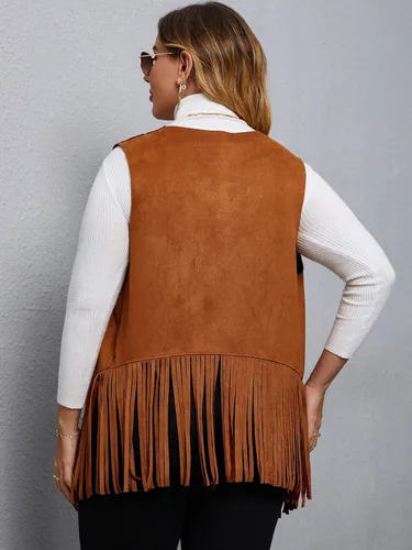 Vista 2 de SheIn Chaleco de ante sin mangas con flecos para mujer, estilo hippie, chaqueta estilo hippie de los años 70