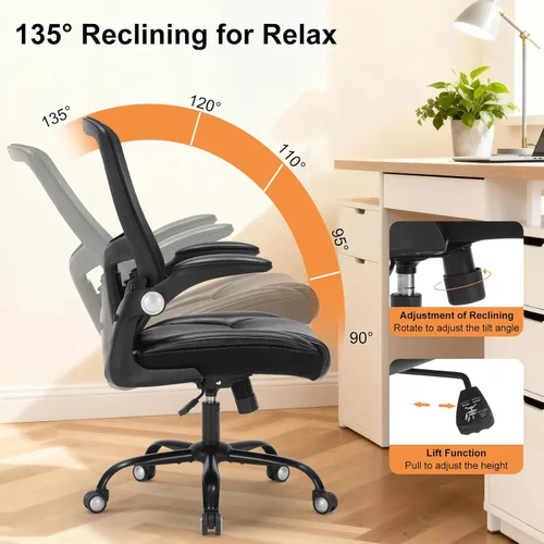 Vista 5 de ZLHECTO® Silla de oficina ergonómica, silla de escritorio con reposabrazos abatible ajustable con soporte lumbar, silla de computadora giratoria