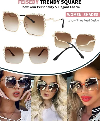 Vista 3 de FEISEDY Gafas de sol cuadradas de gran tamaño para mujer, diseño de perlas, para mujer, 2021, con tonos grandes