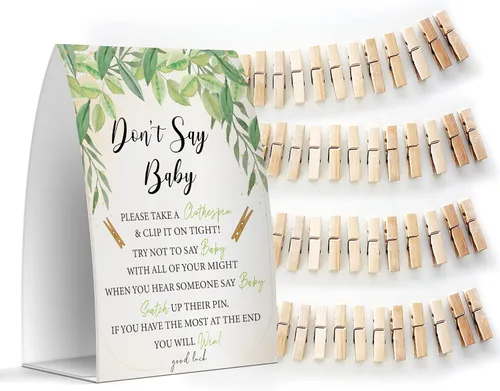 Vista 9 de Juego de texto en inglés "Don't Say Baby", un letrero de 5 x 7 pulgadas y 50 mini pinzas para la ropa, juegos de baby shower, decoración de baby