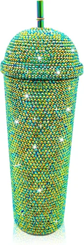 Vista 2 de Vaso de 24 onzas con diamantes de imitación hechos a mano con tachuelas, botella de agua reutilizable de plástico con doble pared con tapa y pajitas