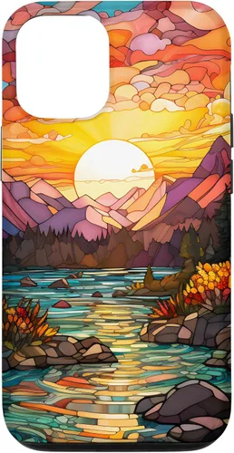 Vista 28 de iPhone 16 Sunset Stained Glass Mosaic Landscape Scene Case