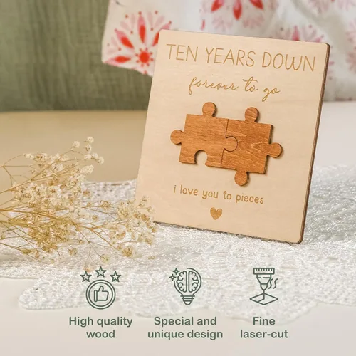 Vista 3 de WOODAMORE Tarjeta de regalo de aniversario de 10 años para él y esposo, regalos de madera para el décimo aniversario de boda, tarjetas de feliz 10