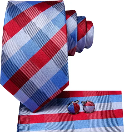 Vista 261 de Hi-Tie Corbata clásica de cachemira para hombre con pañuelo y gemelos a cuadros
