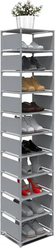 Vista 11 de Zapatero vertical estrecho y alto para entrada de puerta frontal, organizador de zapatos de metal resistente de 10 niveles para armario y entrada