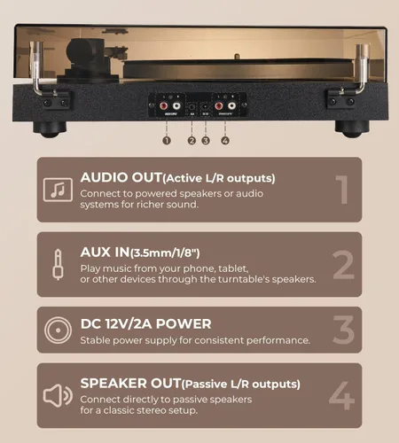 Vista 7 de Vangoa Tocadiscos de vinilo con altavoces estéreo de 40 W, cartucho magnético AT-3600L, placa de aluminio, luz azul, tocadiscos Bluetooth moderno