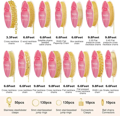 Vista 5 de ENERFUN Cadenas de collar de oro para hacer joyas, 112 pies, 15 rollos de cadenas a granel para hacer collares, pulseras, accesorios con anillos