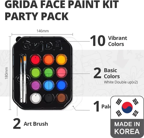 Vista 6 de Grida - Pintura facial para niños, kit profesional de pintura facial para fiestas para niños con 12 colores vibrantes con doble blanco, fácil