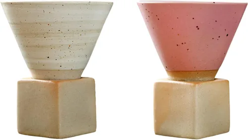 Vista 10 de 2 tazas de café de cerámica gruesa con base de 6.8 fl oz, taza de porcelana con forma de cono triangular creativa, estilo retro, embudo de gres