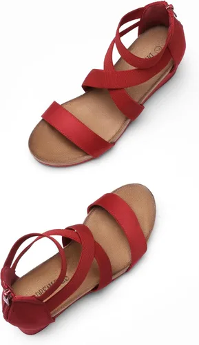 Vista 3 de Dream Pairs - Sandalias de cuña con plataforma y puntera abierta y correa elástica para mujer, Rojo3