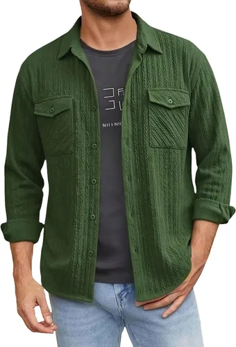 Vista 13 de Camisas con botones para hombre, casual, de manga larga, con cuello jacquard, texturizada, ligera, sobrecamisa, sobrecamisa