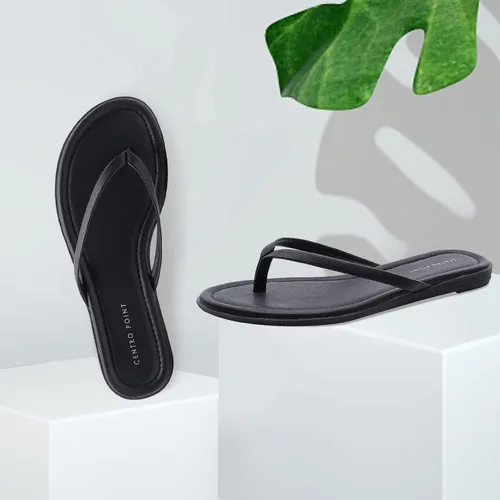 Vista 3 de CentroPoint Sandalias planas con correa en T para mujer, sandalias casuales con correa fina, de una sola capa, zapatos de cuero de primera calidad