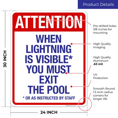 Vista 11 de Letrero con texto en inglés "Attention When Lightning is Visible You Must Exit The Pool - Letrero de piscina, 10 x 14 pulgadas, libre de óxido