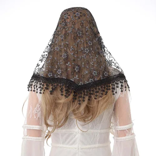 Vista 7 de Ursumy Velos de mantilla de encaje triángulo velo de encaje velos de iglesia católica velos infinito capilla velo de tul bufanda de la cabeza que