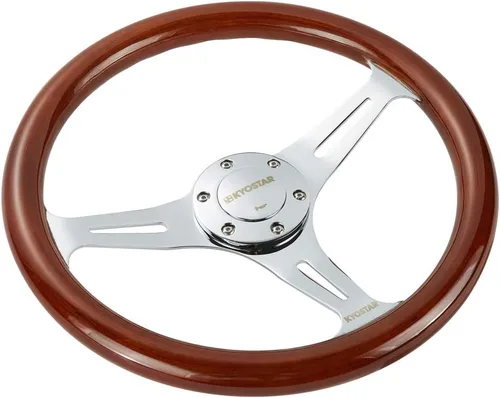 Vista 3 de Volante universal Kyostar de 14 pulgadas, estilo clásico y de nostalgia, de grano de madera, color plateado, con botón de bocina