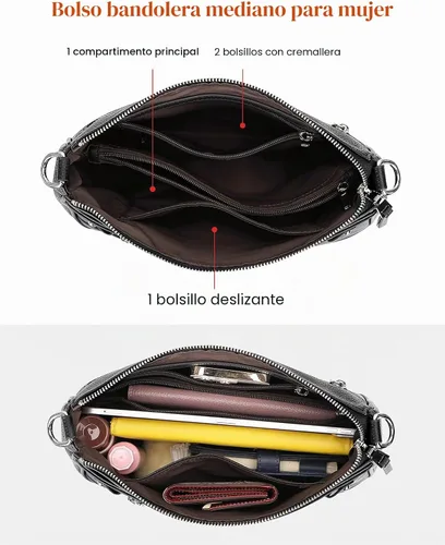 Vista 7 de Over Earth Soft Genuine Leather Crossbody Bags for Women with Multi Pockets 01-Negro