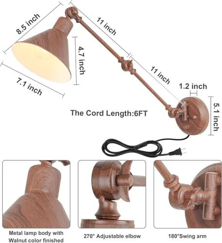 Vista 5 de TRLIFE Aplique de pared enchufable, aplique de pared regulable con interruptor de brazo oscilante, luces de pared enchufables, apliques de pared