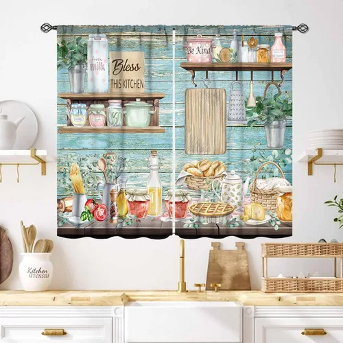 Vista 38 de Cortinas de cocina rústicas, color negro y blanco, tablón de madera con cuchillo y cuchara para barra, bolsillo para barra, tratamiento de ventana