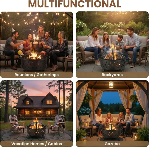 Vista 5 de Pure Garden - Juego de hoguera para leña, incluye pantalla, cubierta y atizador de leña, ideal para exteriores y patios, redonda de 32 pulgadas